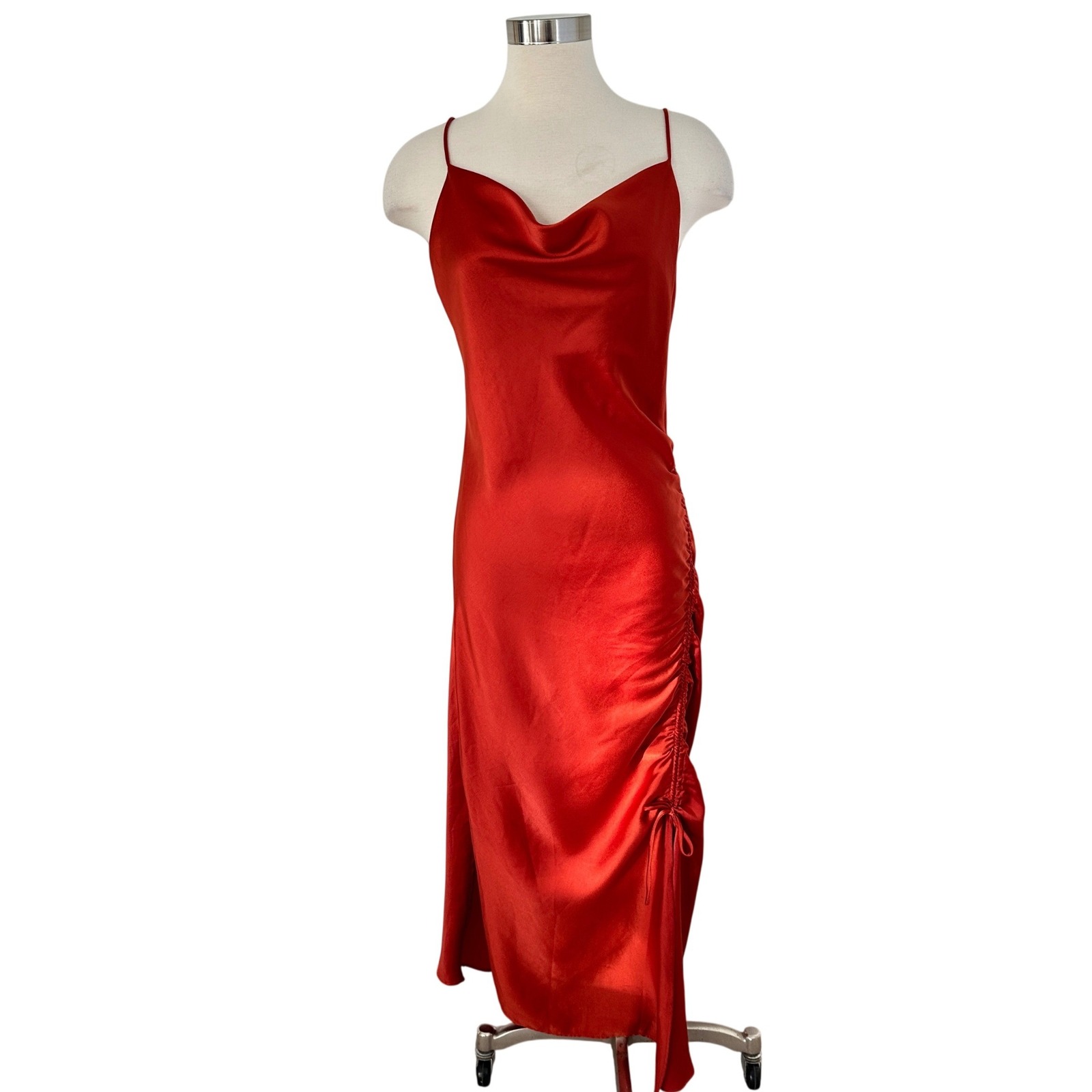 Zara Ruched Satin Maxi Slip Dress Women S Rust Side Tie Bodycon Party Date Night